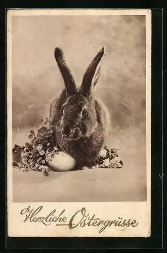 AK Herzliche Ostergrüsse, Osterhase mit Blumen