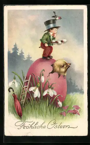 Künstler-AK Osterküken im Ei mit Maiglöckchen