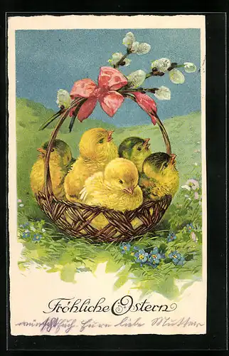 Künstler-AK Fröhliche Ostern, Körbchen voller Osterküken