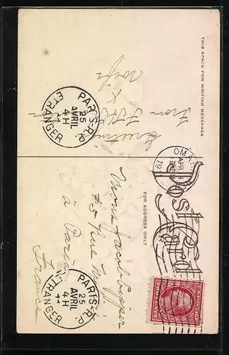 Präge-AK Osterküken auf Ei mit Veilchen-Dekor