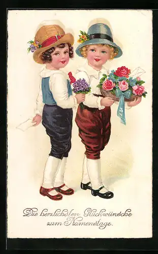 Künstler-AK Kinder mit Hüten und Blumen gratulieren zum Namenstag