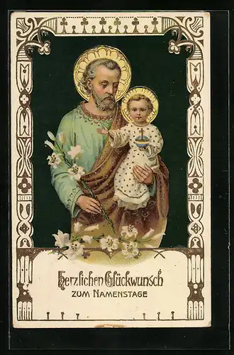 Künstler-AK Heiligenfigur mit Jesuskind zum Namenstag