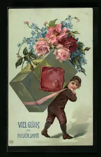 Präge-AK Junge mit schwerem Blumenpaket zum Neujahr