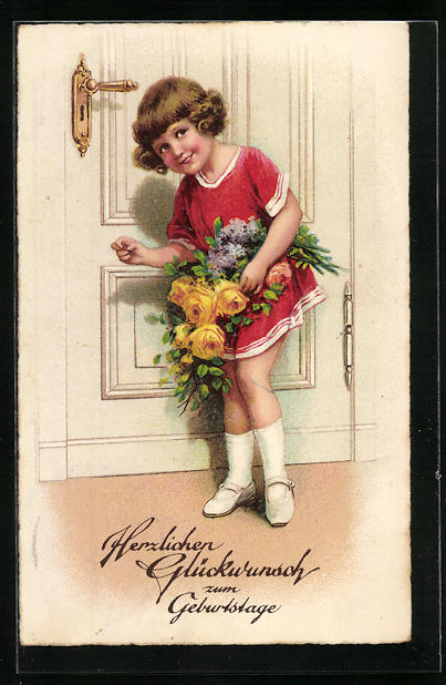 KünstlerAK Glückwunsch zum Geburtstag, Mädchen klopft an die Tür, um