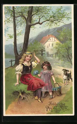 Präge-AK Fröhliche Pfingsten, Kind mit Hund und Vergissmeinnicht