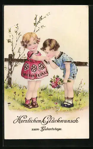 Künstler-AK Junge gratuliert Mädchen zum Geburtstag