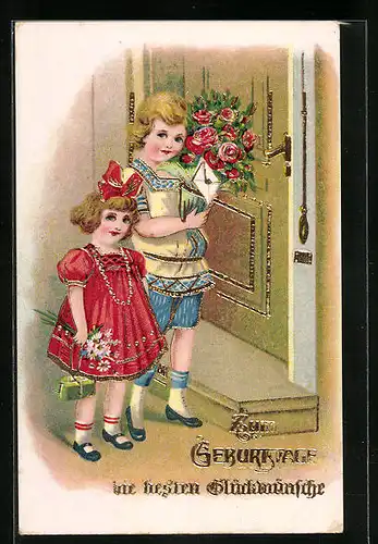 Künstler-AK Mädchen mit Geschenken und Blumen zum Geburtstag