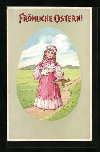 Präge-AK Mädchen mit Osterhasen und Eiern