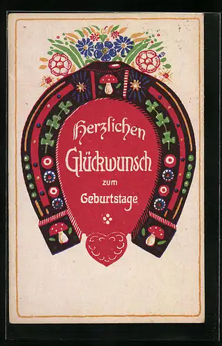 Künstler-AK Glückwünsche zum Geburtstag mit Hufeisen-Dekor