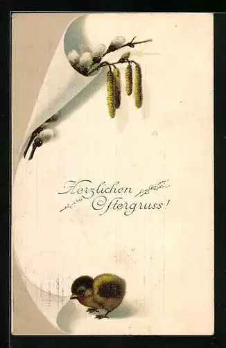 Künstler-AK Osterküken mit Palmkätzchen