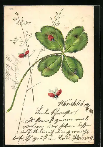 Künstler-AK Glückwünsche mit Kleeblatt und Marienkäfern