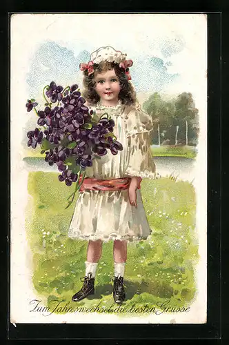 Präge-AK Mädchen mit Veilchen zum Jahreswechsel