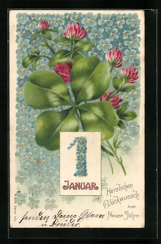 Präge-AK Glückwünsche zum Neujahr mit Kleeblatt und Vergissmeinnicht