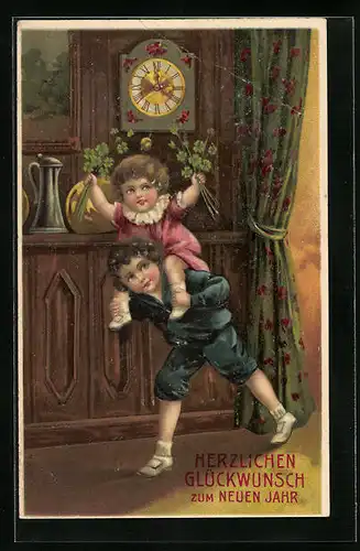 Präge-AK Kinder feiern das neue Jahr mit Kleeblättern zu Mitternacht