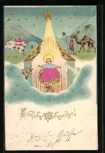 Präge-AK Jesuskind mit stoffbezogener Prägung