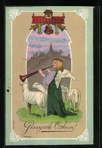 Präge-AK Osterengel mit Trompete und Lämmern