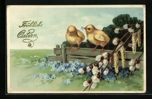 Künstler-AK Osterküken mit Palmkätzchen zu Ostern