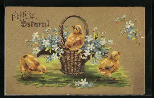 Präge-AK Osterküken im Korb mit Vergissmeinnicht