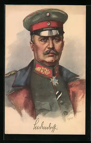 Künstler-AK Portrait Erich Ludendorff in Uniform mit Schirmmütze und Mantel