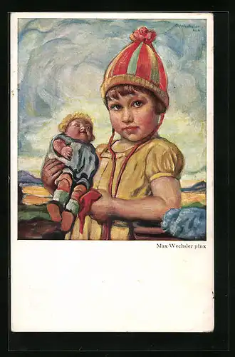 Künstler-AK Kleines Mädchen mit gestreifter Pudelmütze und Puppe im Arm