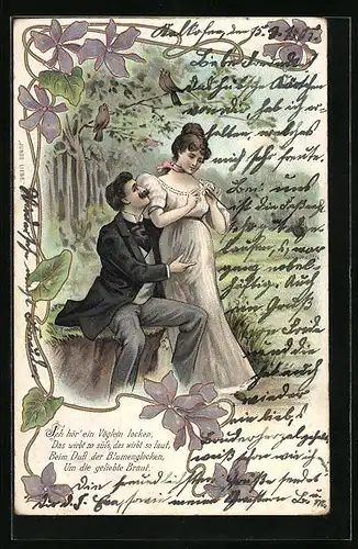 Künstler-AK Junges Paar beim Stelldichein im Grünen, Blumenornamente, Jugendstil