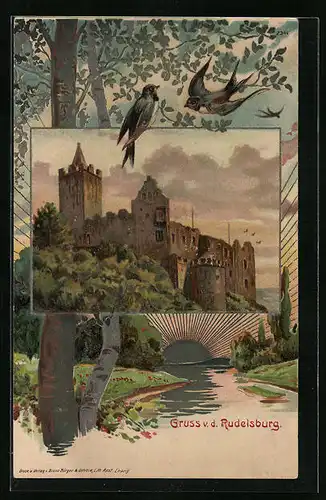 Passepartout-Lithographie Schwalben in Flusslandschaft mit Bild der Rudelsburg