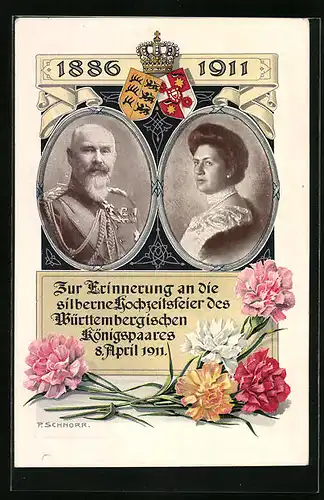 Künstler-AK Portraits zur Silberhochzeit des Königspaares von Württemberg 1911 mit Wappen und Krone