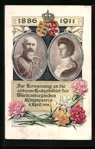 Künstler-AK Portraits zur silbernen Hochzeit des Königspaares von Württemberg 1911 mit Wappen und Krone