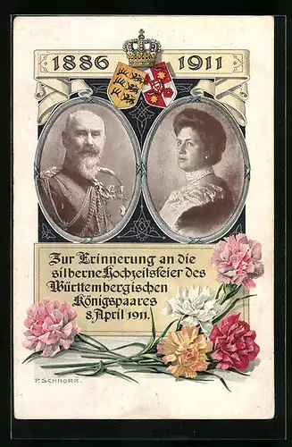 Künstler-AK Erinnerungskarte zur Silberhochzeit des Königspaares von Württemberg 1911, Portraits mit Wappen und Krone