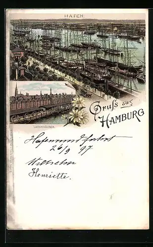 Lithographie Hamburg, Hafen und Lagerhäuser aus der Vogelschau