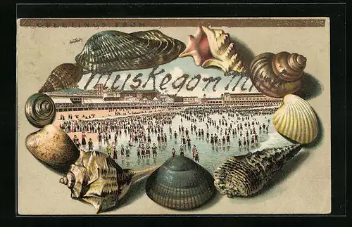 Präge-AK Muskegon, MI, Urlauber am Strand