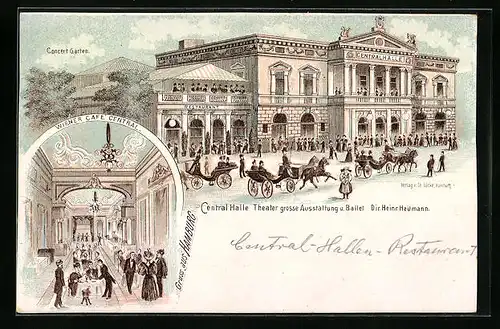 Lithographie Hamburg-St. Pauli, Central Halle mit Wiener Cafe Central und Theater, Spielbudenplatz