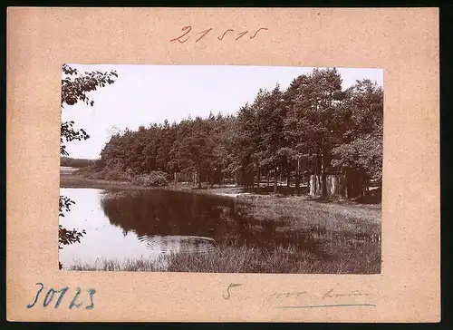 Fotografie Brück & Sohn Meissen, Ansicht Schmannewitz, Partie mit Holzhütte am Badeteich, Rückseite mit Ansichtskarte