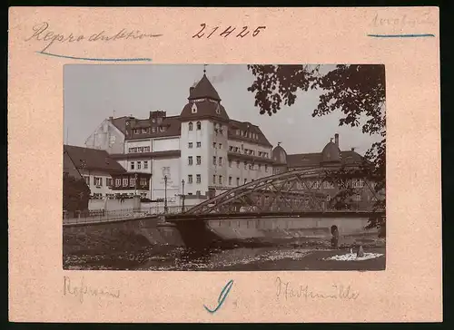 Fotografie Brück & Sohn Meissen, Ansicht Rosswein, Blick auf die Stadtmühle und Brücke, Waschfrau am Fluss