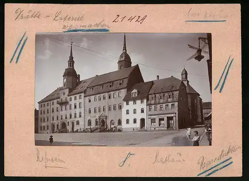 Fotografie Brück & Sohn Meissen, Ansicht Rosswein, Platz mit Rathaus, Reinigung Emil Hausmann, Restaurant Klosterkeller