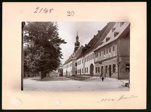 Fotografie Brück & Sohn Meissen, Ansicht Marienberg i. Sa., Markt mit Zschopauer Strasse, Gasthaus Ratskeller, Geschäft