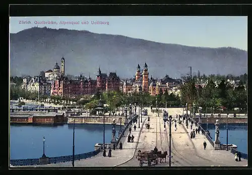 AK Zürich, Quaibrücke mit Strassenbahn