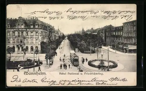 AK Mannheim, Hotel National und Friedrichsring, Strassenbahn