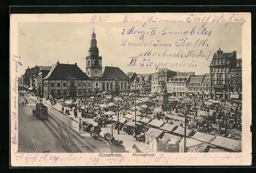 AK Mannheim, Marktplatz mit Ständen und Strassenbahn