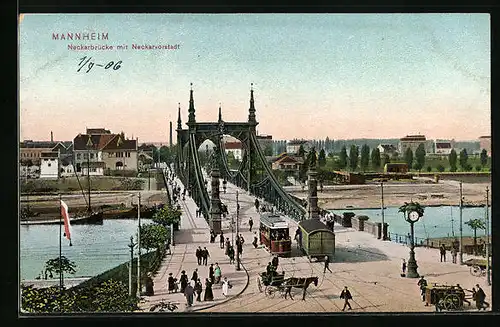 AK Mannheim, Neckarbrücke mit Neckarvorstadt, Strassenbahn