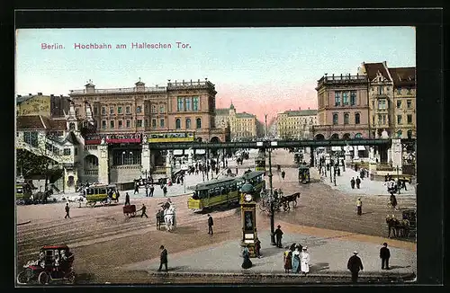 AK Berlin, Hochbahn am Halleschen Tor, mit Kutschen und Strassenbahn