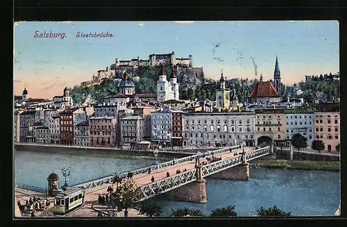 AK Salzburg, Staatsbrücke mit Strassenbahn