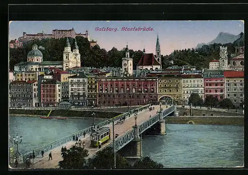 AK Salzburg, Staatsbrücke mit Strassenbahn