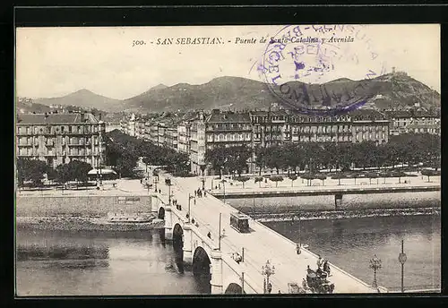 AK San Sebastian, Puente de Santa-Catalina y Avenida, Strassenbahn
