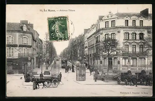 AK Le Mans, Avenue Thiers, Strassenbahn
