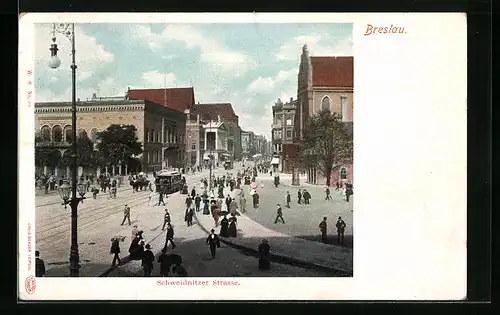 AK Breslau, Schweidnitzer Strasse mit Strassenbahn