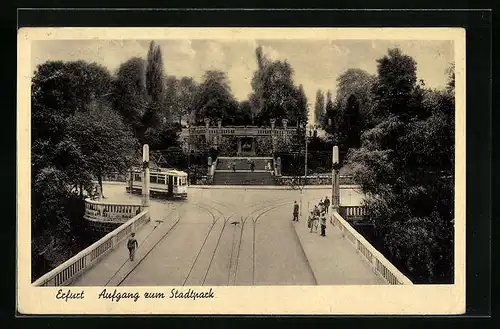 AK Erfurt, Aufgang zum Stadtpark mit Strassenbahn