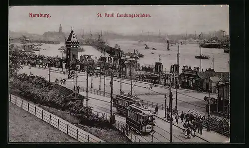 AK Hamburg, St. Pauli Landungsbrücken mit Strassenbahnen