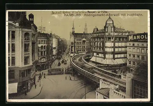 AK Hamburg, Rödingsmarkt-Alsterwall mit Hochbahn und Strassenbahn