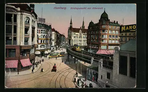 AK Hamburg, Rödingsmarkt mit Alterwall, Strassenbahn